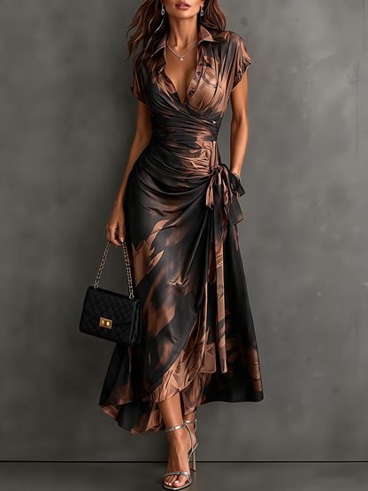 Ariadna - Vestido midi cruzado con estampado abstracto rojo y negro.