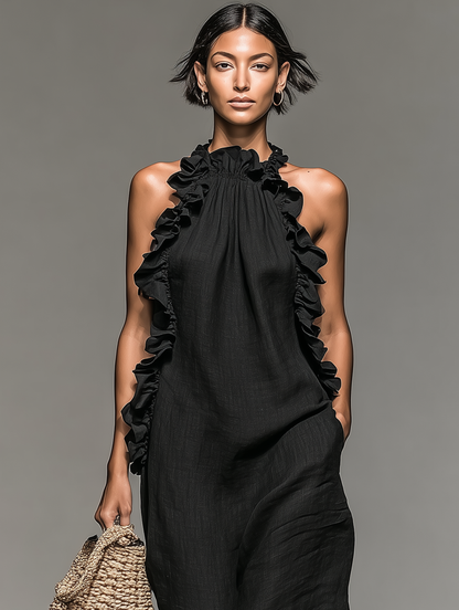 ALBA | Vestido Maxi Sin Mangas en Mezcla de Lino con Volantes