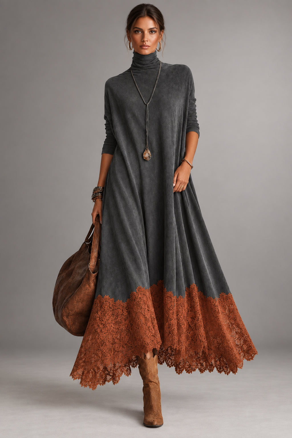 Abril | Vestido Largo de Antelina con Bajo de Encaje