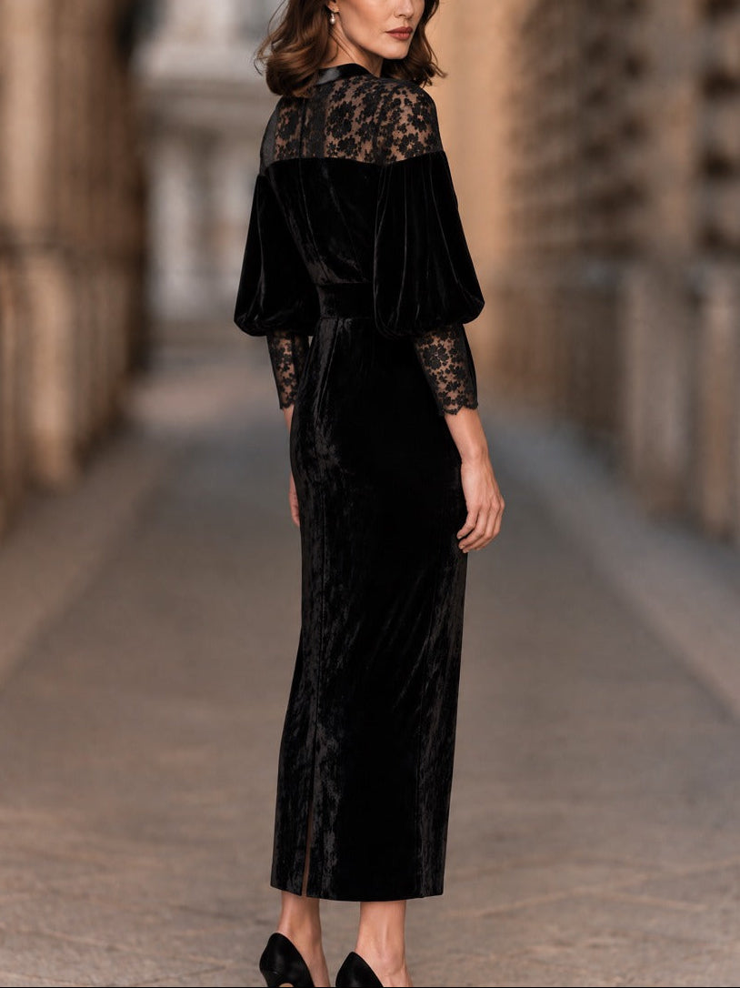 Dolores | Vestido midi negro de terciopelo con encaje combinado, escote redondo, mangas farol y cinturón con hebilla cuadrada de perla