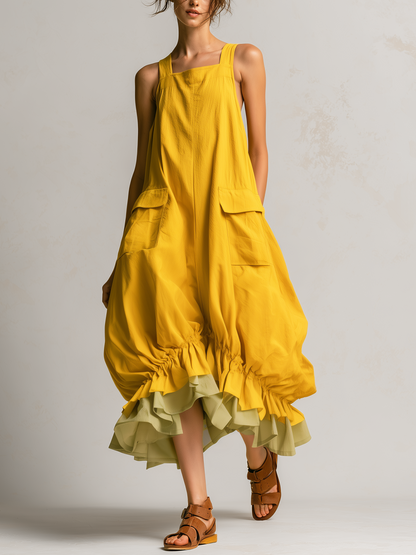 Daniela | Vestido Midi Globo con Capas, Bolsillos Amplios y Bajo de Volantes Sin Mangas