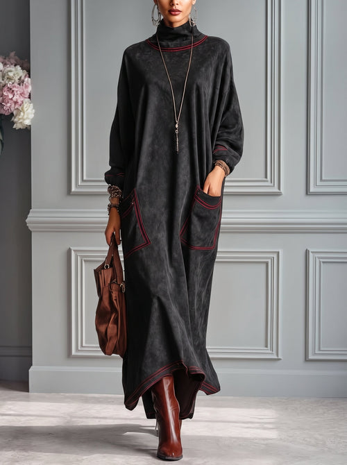Estela - Vestido largo de ante sintético negro con pespuntes en contraste rojo y bolsillos de parche