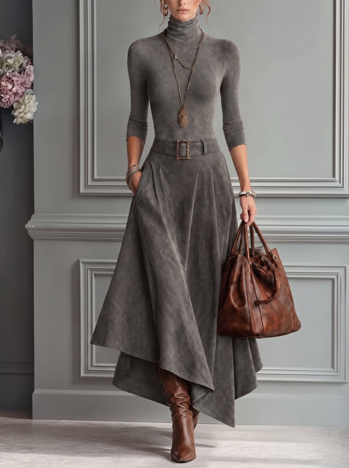 Carmen - Conjunto de top de cuello alto gris y falda midi asimétrica de ante sintético (con cinturón)