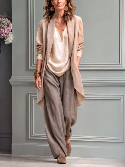 Costanza - Conjunto Elegante de Tres Piezas en Beige y Gris con Pantalón Palazzo en Capas