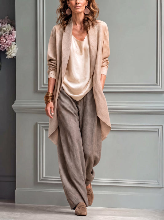 Costanza - Conjunto Elegante de Tres Piezas en Beige y Gris con Pantalón Palazzo en Capas