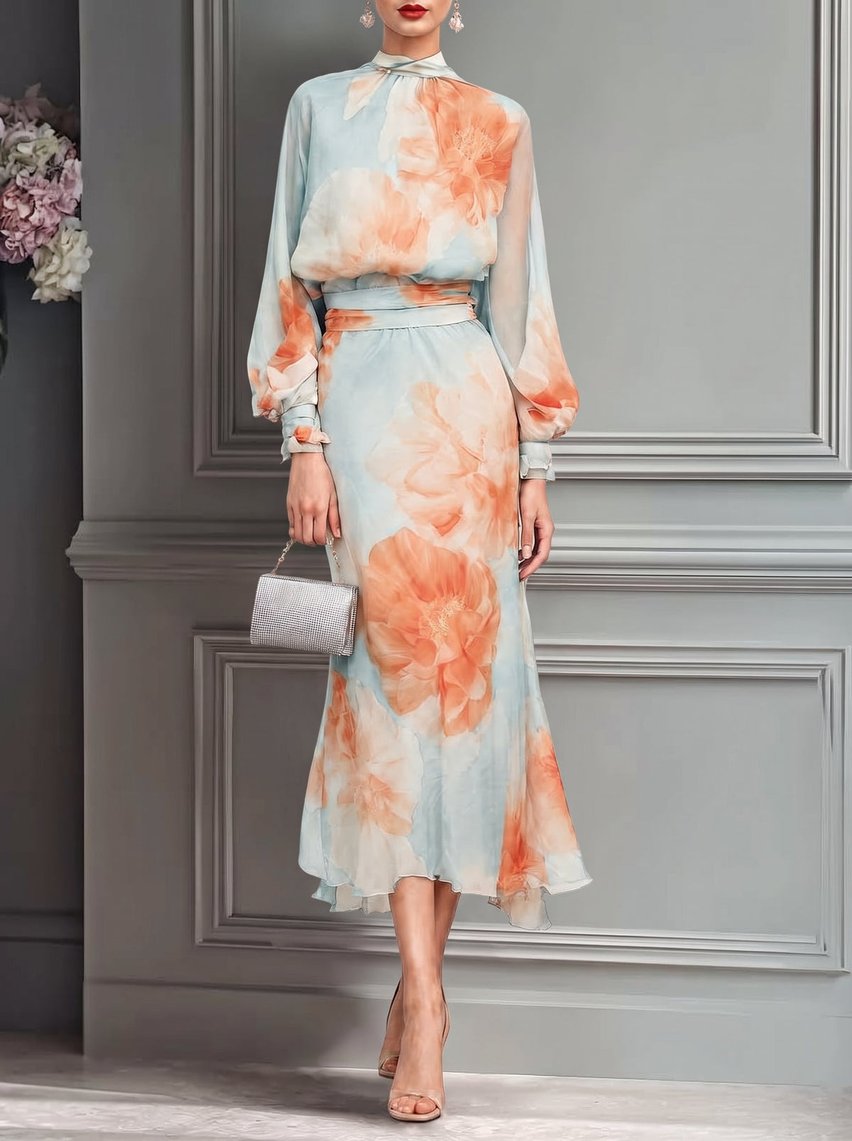 Emilia - Conjunto de dos piezas: top de cuello alto y manga larga con falda floral romántica