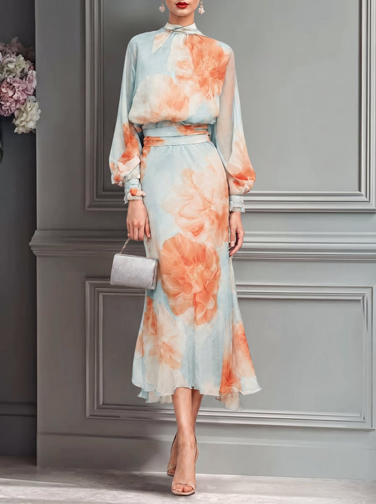 Emilia - Conjunto de dos piezas: top de cuello alto y manga larga con falda floral romántica