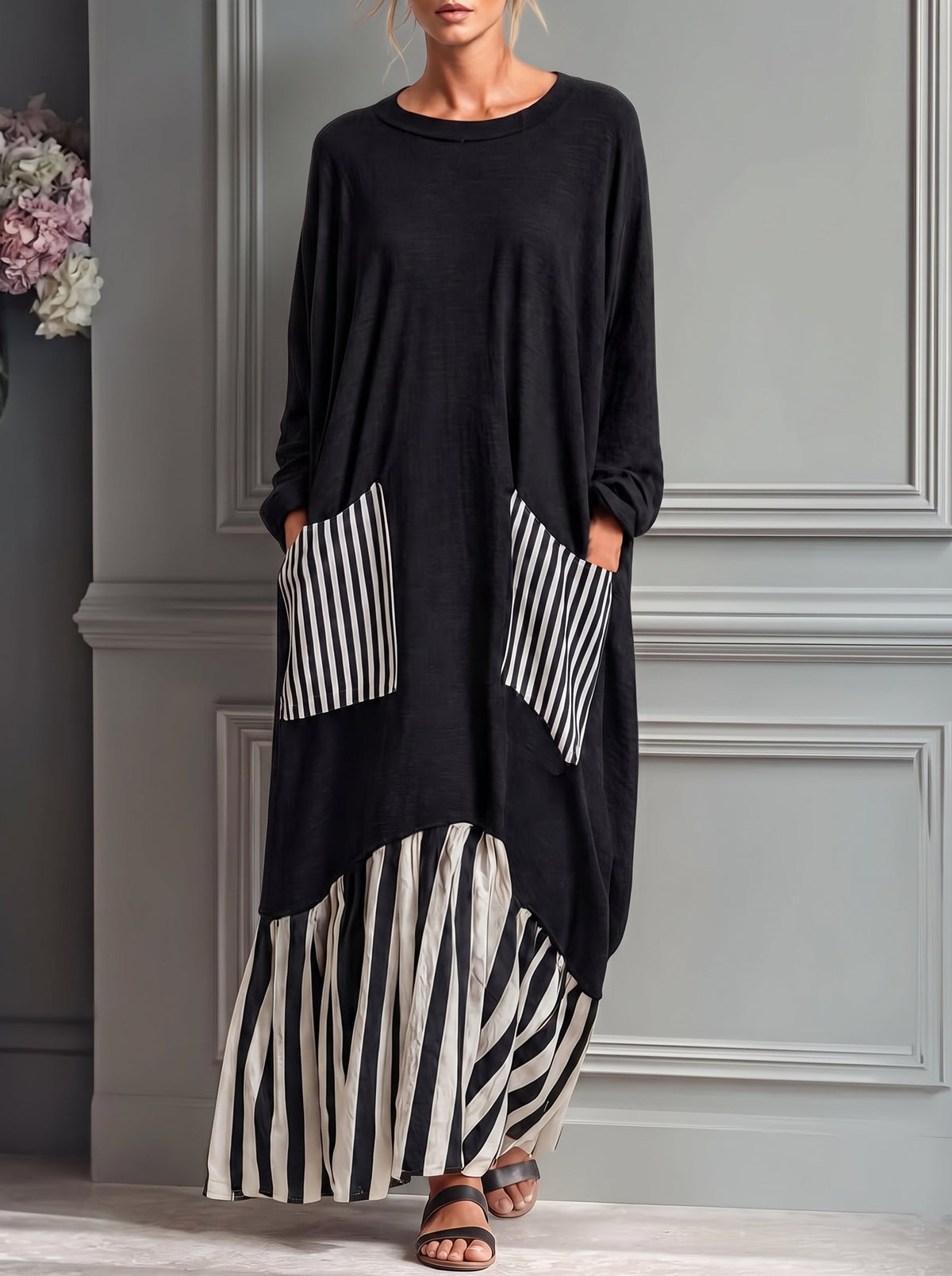 Alba - Vestido largo oversize de algodón negro con rayas estilo patchwork