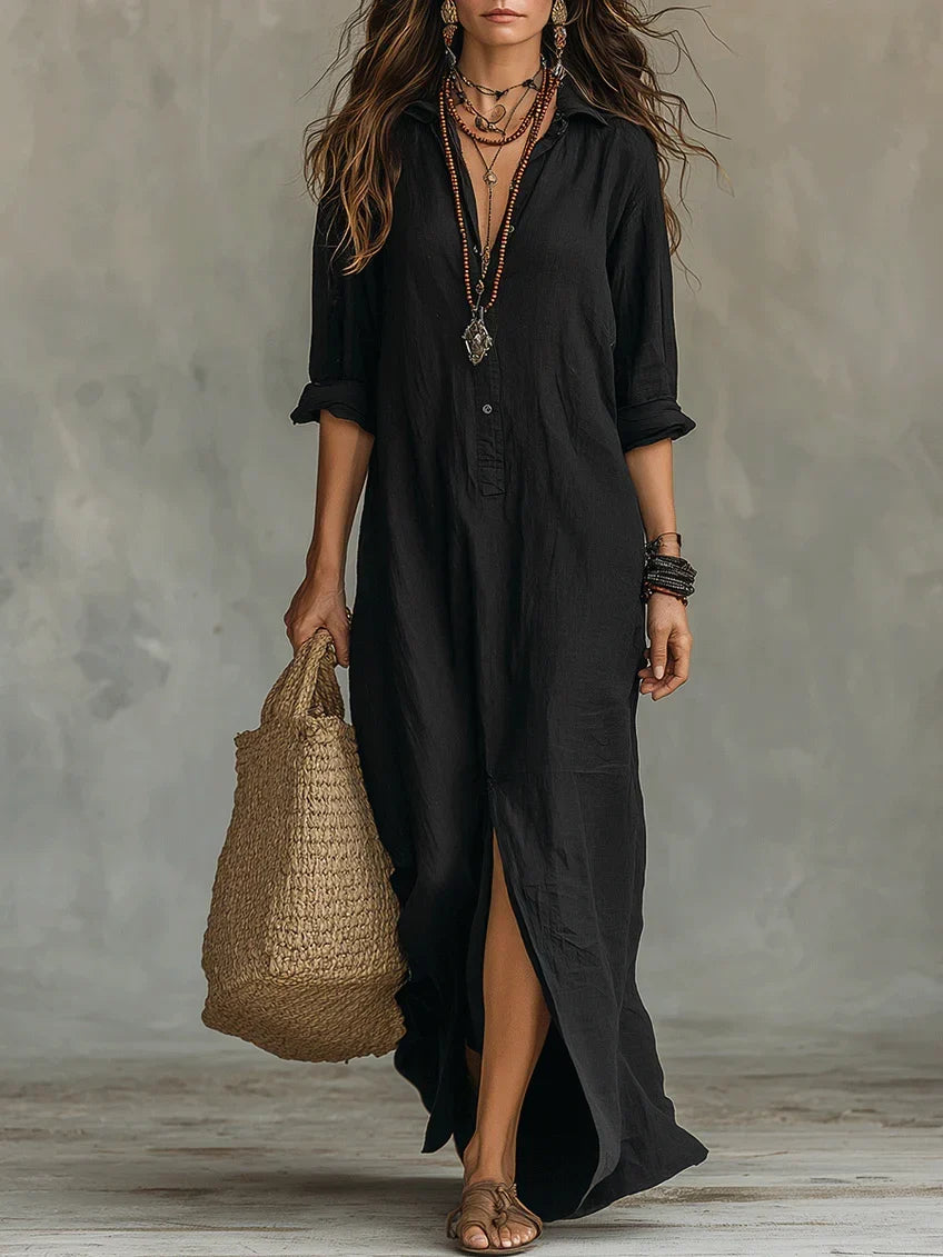 SOLINE | Vestido Maxi Negro de Corte Ancho con Botones