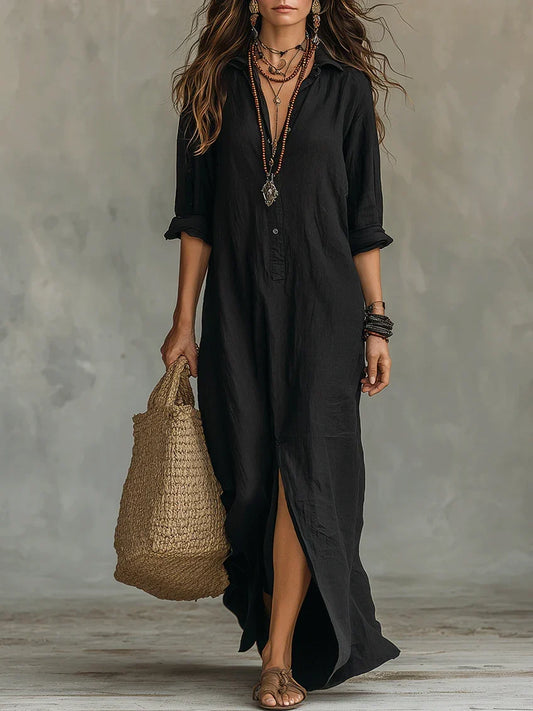 SOLINE | Vestido Maxi Negro de Corte Ancho con Botones