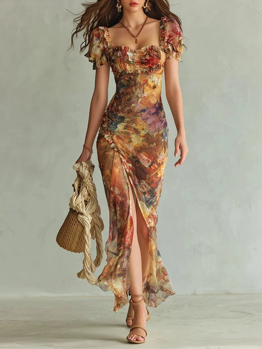 AMBRA | Vestido Maxi de Gasa Naranja con Estampado Óleo