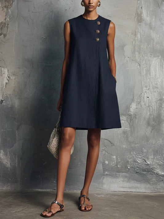 CALYPSO | Minivestido Azul Oscuro con Escote Redondo, Botones Asimétricos y Bolsillo