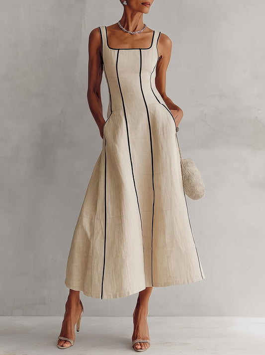 Gemma - Vestido largo minimalista color albaricoque a rayas negras con corte en A