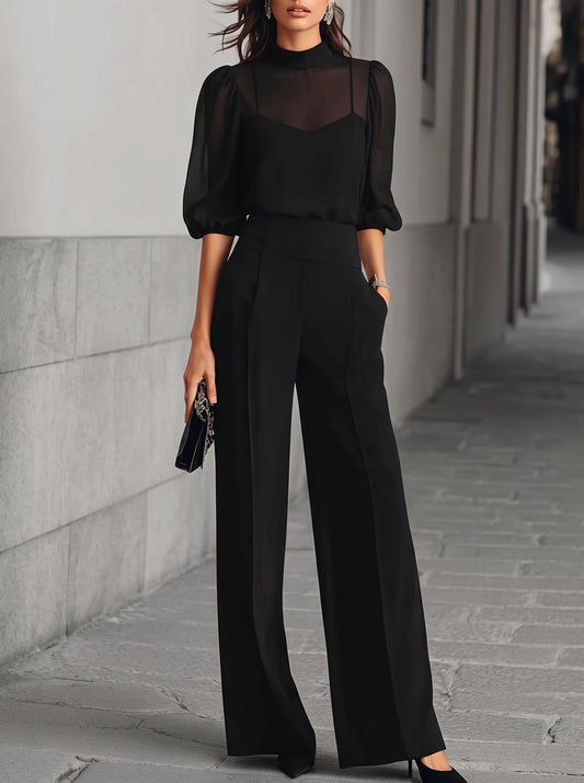 Helena - Conjunto de Tres Piezas de Top Negro de Gasa Transparente y Pantalón de Pierna Ancha