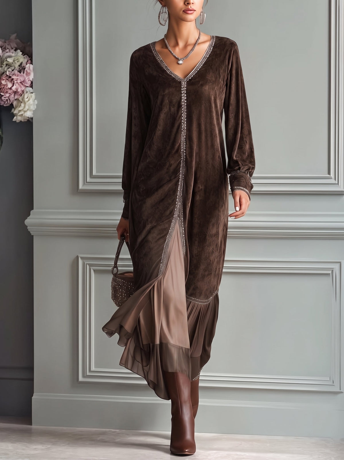 Teresa - Vestido midi holgado de ante sintético con escote en V y detalle de ribete