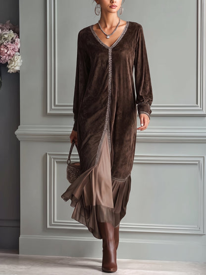 Teresa - Vestido midi holgado de ante sintético con escote en V y detalle de ribete