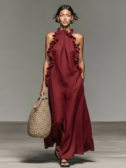 ALBA | Vestido Maxi Sin Mangas en Mezcla de Lino con Volantes