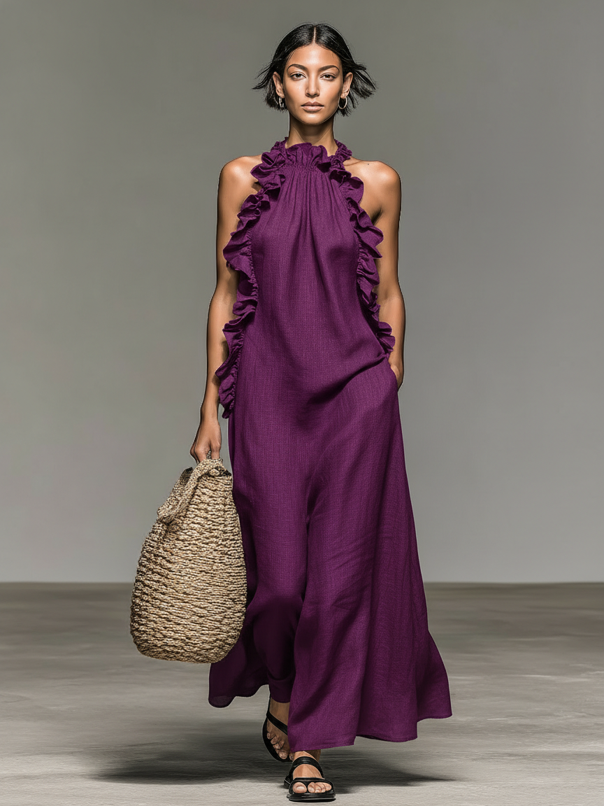 ALBA | Vestido Maxi Sin Mangas en Mezcla de Lino con Volantes