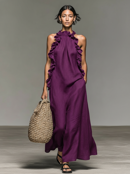 ALBA | Vestido Maxi Sin Mangas en Mezcla de Lino con Volantes