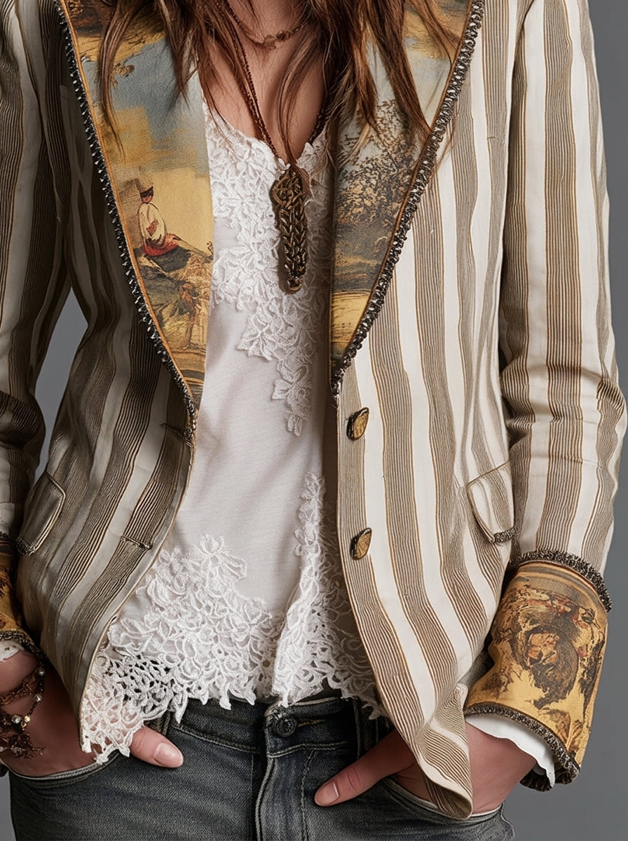 Blazer Bohemio a Rayas con Cuello Estampado