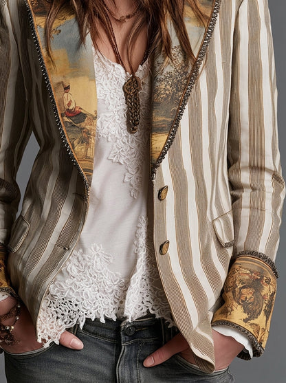 Blazer Bohemio a Rayas con Cuello Estampado