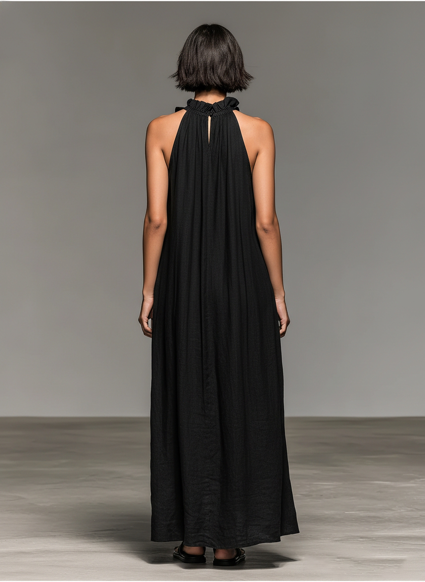 ALBA | Vestido Maxi Sin Mangas en Mezcla de Lino con Volantes