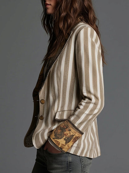 Blazer Bohemio a Rayas con Cuello Estampado