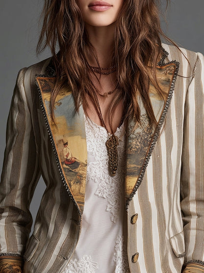 Blazer Bohemio a Rayas con Cuello Estampado
