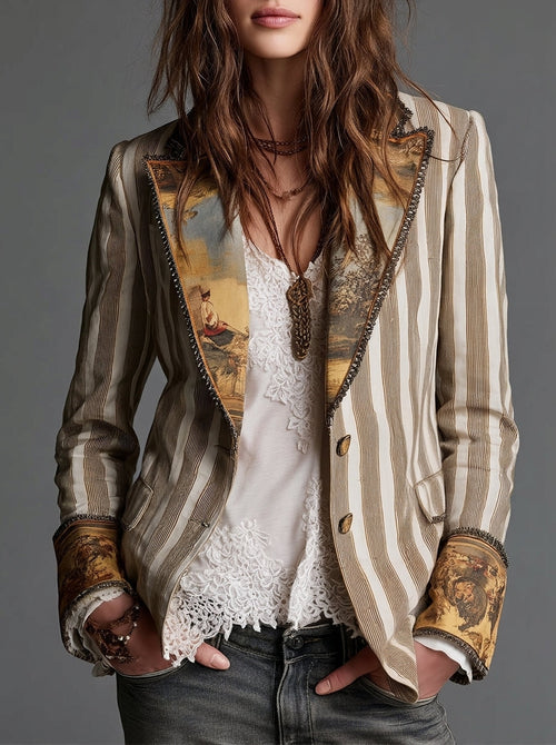 Blazer Bohemio a Rayas con Cuello Estampado