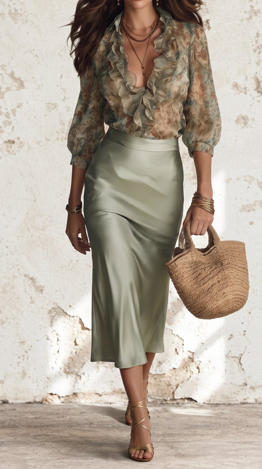 Antonella | Blusa Elegante con Volantes Florales y Minifalda de Satén