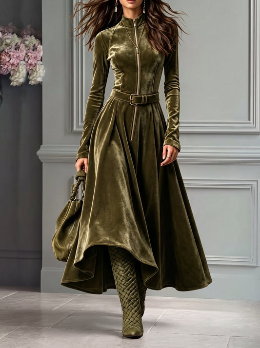 Vega - Vestido largo de terciopelo verde oliva con cremallera frontal estilo vintage (cinturón incluido)