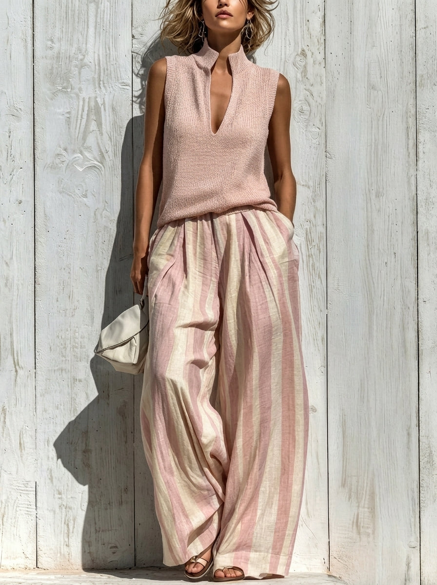 Sofía | Conjunto elegante de tejido fluido: Top y pantalón palazzo de rayas
