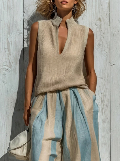Sofía | Conjunto elegante de tejido fluido: Top y pantalón palazzo de rayas