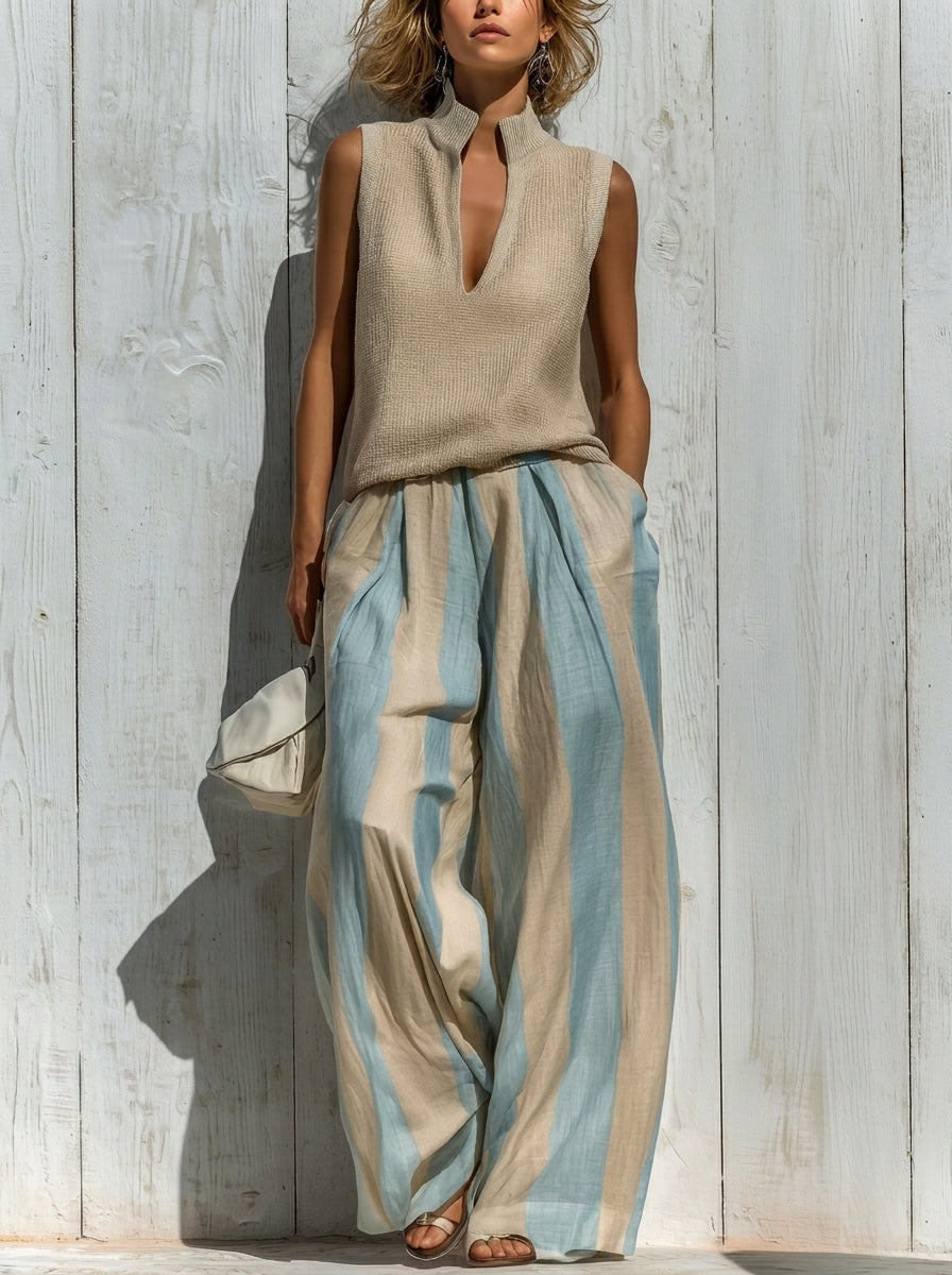 Sofía | Conjunto elegante de tejido fluido: Top y pantalón palazzo de rayas