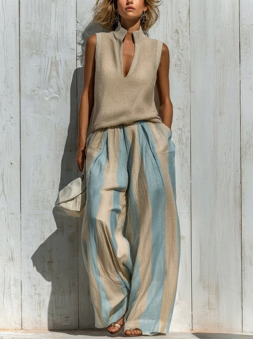 Sofía | Conjunto elegante de tejido fluido: Top y pantalón palazzo de rayas