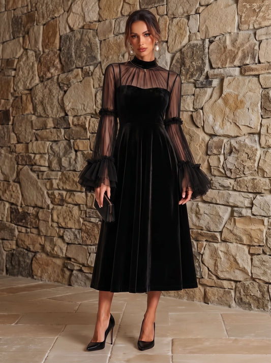 Stefania | Vestido Midi Plisado de Terciopelo Negro y Malla Transparente