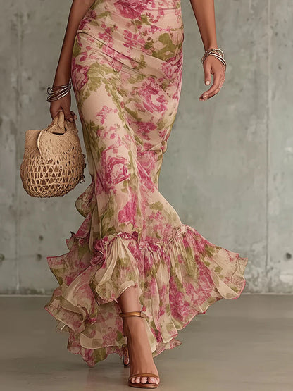 VINTAGE | Vestido Maxi con Estampado Rosa Vintage y Mangas Abullonadas