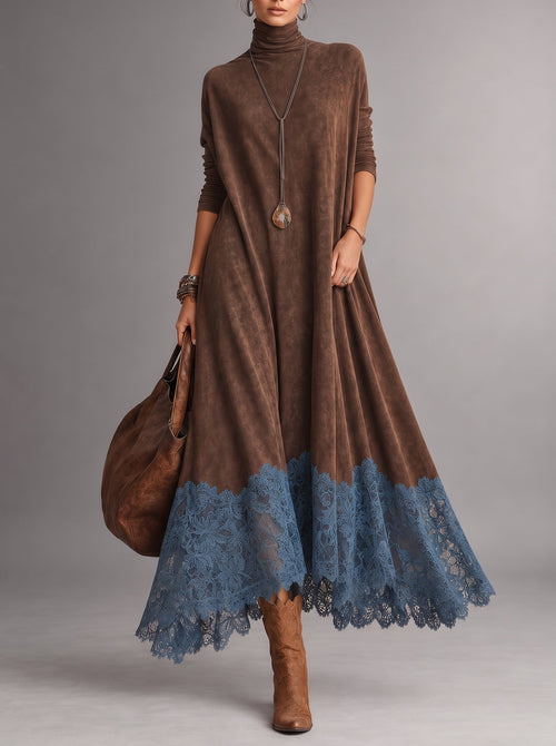 Abril | Vestido Largo de Antelina con Bajo de Encaje