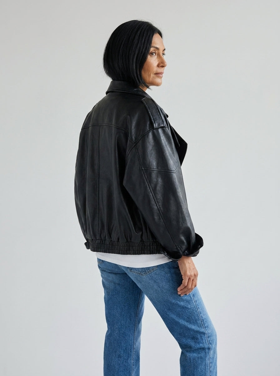 Chaqueta Oversize de Polipiel con Cuello Alto