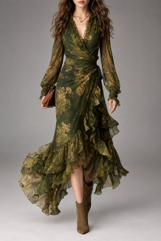 Aroa | Vestido Largo de Gasa Estampado con Volantes