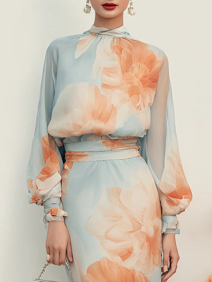 Emilia | Conjunto de dos piezas: top de cuello alto y manga larga con falda floral romántica
