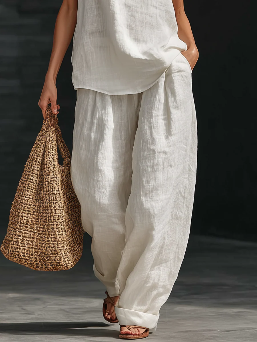 Cristina - Conjunto de Top Blanco de Escote en V Sin Mangas de Lino Sintético y Pantalón de Pierna Ancha