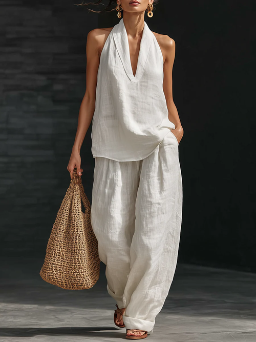 Cristina - Conjunto de Top Blanco de Escote en V Sin Mangas de Lino Sintético y Pantalón de Pierna Ancha