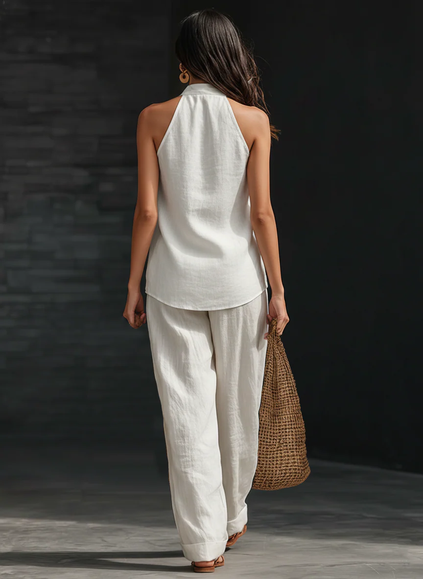 Cristina - Conjunto de Top Blanco de Escote en V Sin Mangas de Lino Sintético y Pantalón de Pierna Ancha