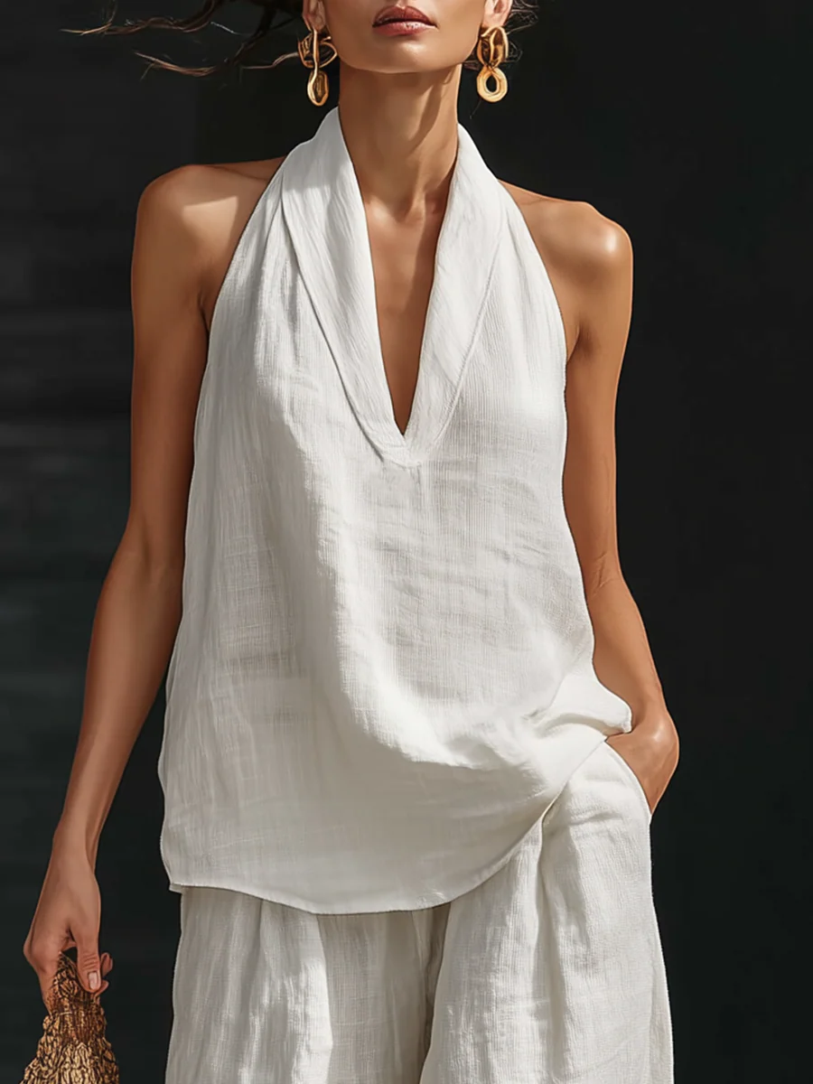 Cristina - Conjunto de Top Blanco de Escote en V Sin Mangas de Lino Sintético y Pantalón de Pierna Ancha