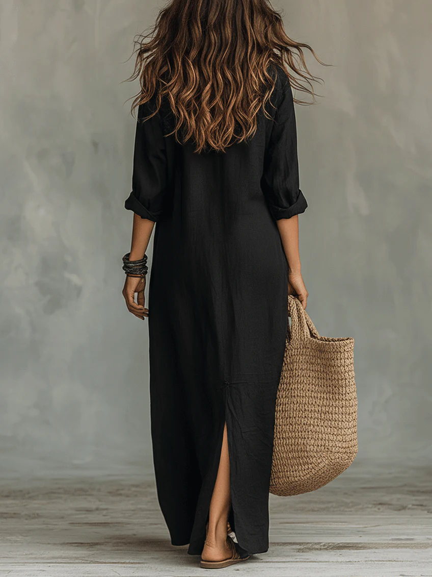 SOLINE | Vestido Maxi Negro de Corte Ancho con Botones