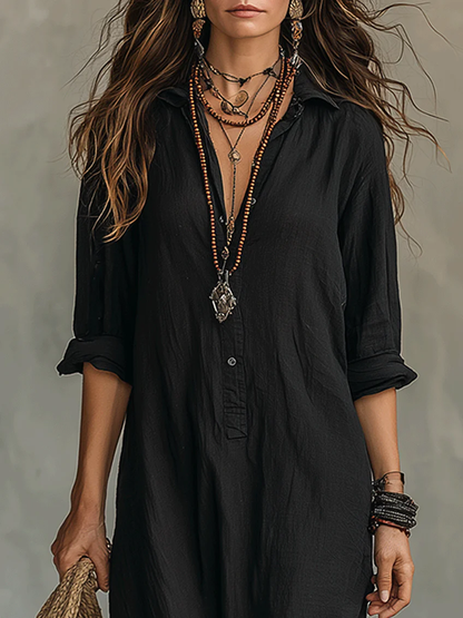 SOLINE | Vestido Maxi Negro de Corte Ancho con Botones