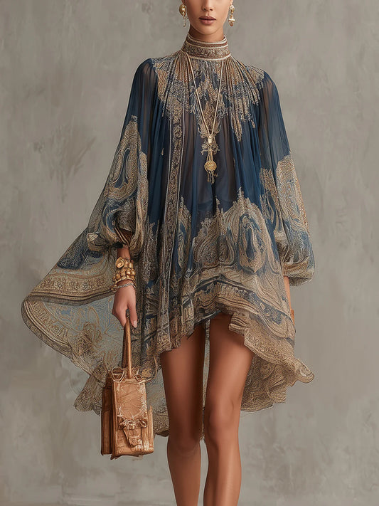 BAROCCA | Vestido Mini de Gasa con Estampado Barroco Azul Marino