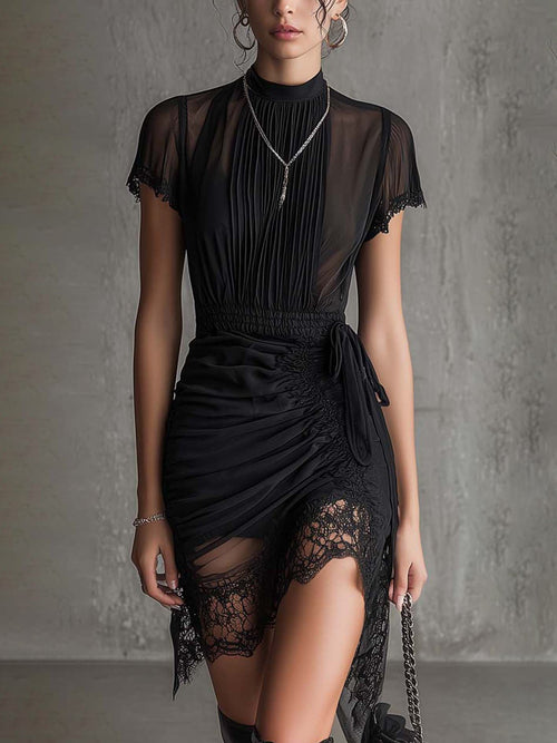 AZABACHE | Vestido Mini de Gasa Negro con Cintura Plisada