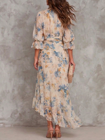 AURELIA | Vestido Maxi de Gasa Asimétrico con Estampado Floral